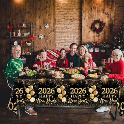New Year 2026 Tablecloth Black Gold Plastic Party Supplies Home Kitchen