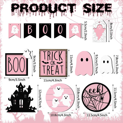 15-Piece Pink Halloween Ghost Tiered Tray Decor Set, Pastel Wooden Table Signs