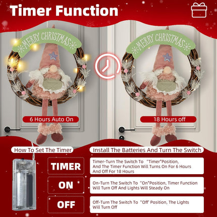 Christmas Gnome Wreath – 13.5" LED Lights & Timer for Door or Wall Decor