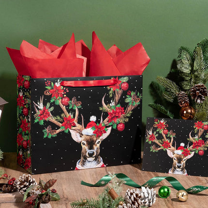 Christmas Gift Bags 13" | Reindeer & Poinsettia Paper Bags with Tissue & Card