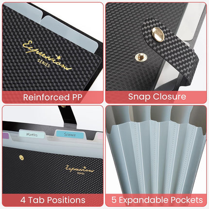 5 Pocket Expanding File Folder with Labels Portable Document Organizer Black