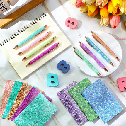 16 Pack Glitter Pens & Notepads – 8 Mini Notebooks, 8 Sparkly Ballpoint Pens, Gift Set