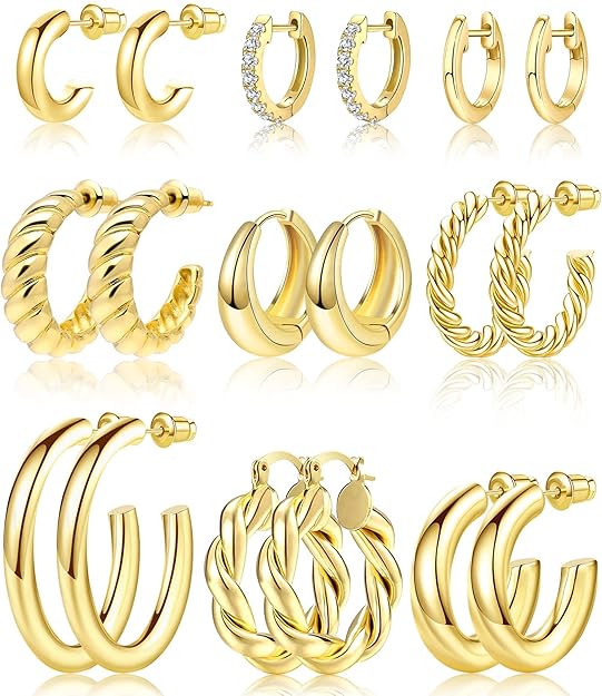 9 Pairs Gold Hoop Earrings Set – Twisted Huggie Hoops, 14K/18K Gold Plated, Lightweight