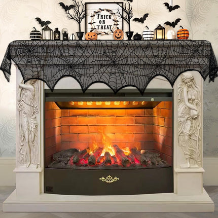 Halloween Black Lace Spiderweb Fireplace Mantel Scarf, 18x96in Party Decor