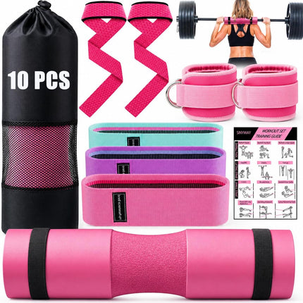 10-Piece Barbell Pad Set, Squat & Hip Thrust Cushion with Bands, Straps & Bag