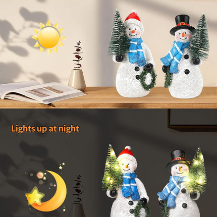 Snowman Figurines with Lighted Tree & Wreath – 5" Holiday Decorations, 2PCS