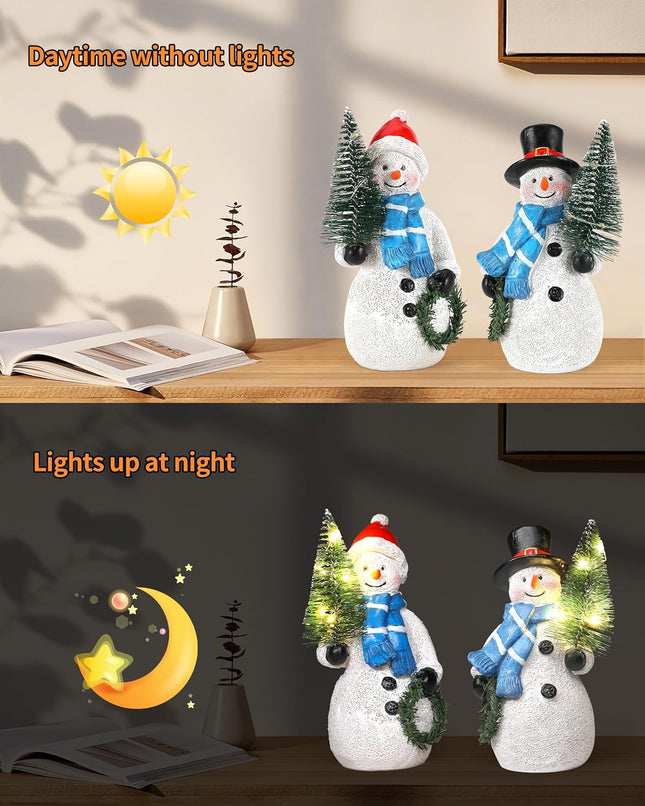 Snowman Figurines with Lighted Tree & Wreath – 5" Holiday Decorations, 2PCS
