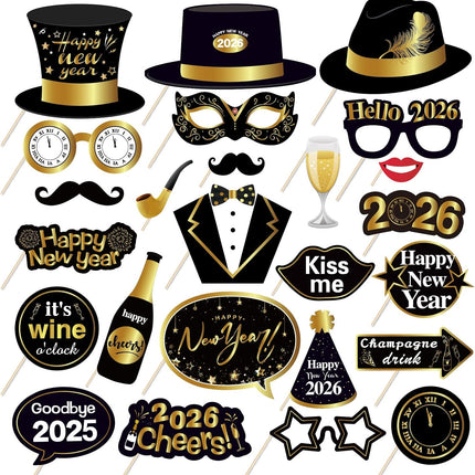 Black 2026 New Year Photo Booth Props – 25-Pc NYE Party Decorations