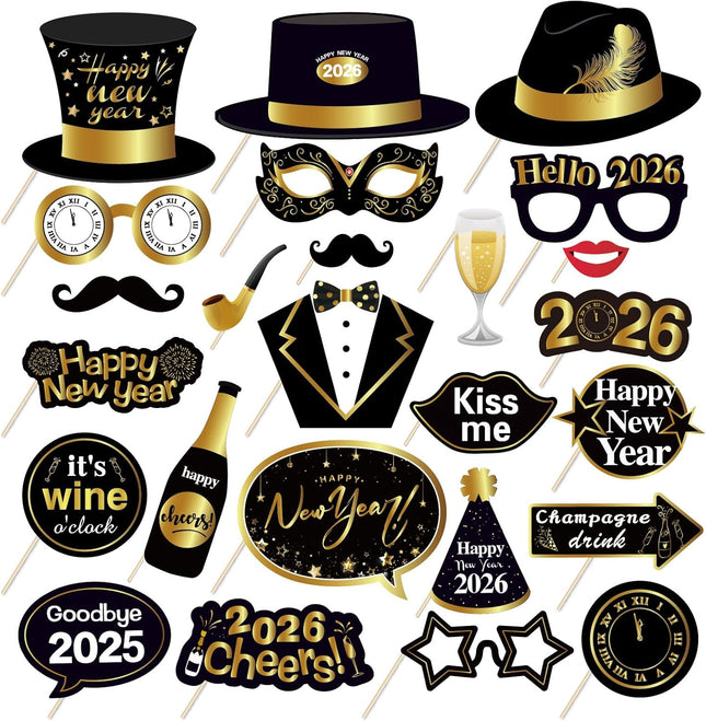 Black 2026 New Year Photo Booth Props – 25-Pc NYE Party Decorations