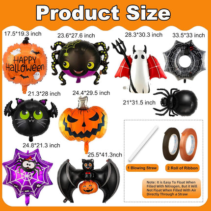 9-Piece Halloween Foil Balloons Set, Ghost, Spider, Pumpkin & Bat Party Decorations