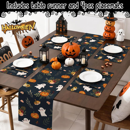 Halloween Table Runner Set, 4 Mats & 4 Gift Bags, Pumpkin Ghost Dining Table Decor