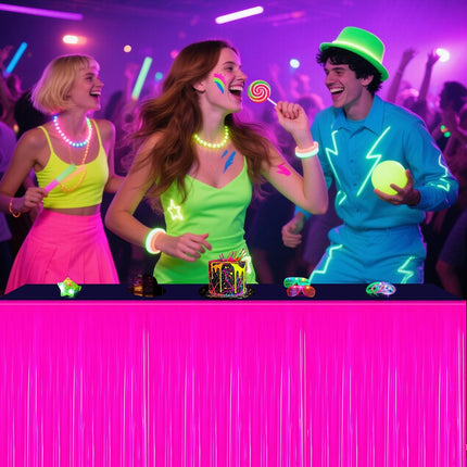 4-Pack Glow in the Dark Tinsel Table Skirts – Neon UV Party Decorations