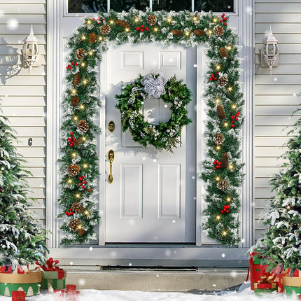 9ft Lighted Christmas Garland – 50 LEDs, Pine Cones, Red Berries, 8 Modes