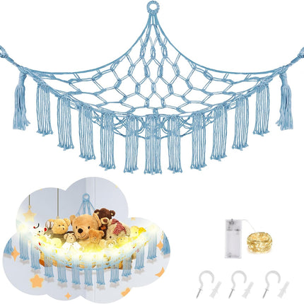 Stuffed Animal Storage Hammock – LED Light Plushie Net for Kids Room Decor (Baby Blue)