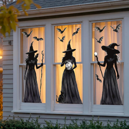 3-Sheet Halloween Witch Window Clings, Double-Sided Black Cat Bat Gothic Decals