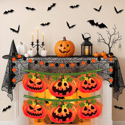 Halloween Pumpkin Banner Set, Spider Web Mantel Scarf, 16 Bat Decals & Garland