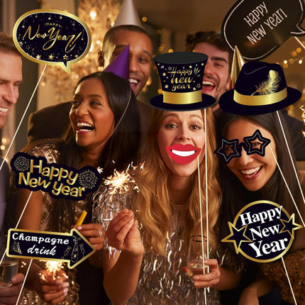 Black 2026 New Year Photo Booth Props – 25-Pc NYE Party Decorations