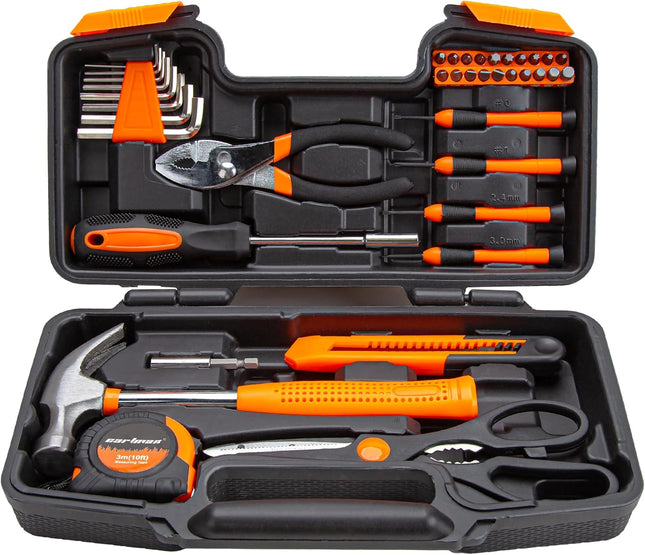39Pcs Household Tool Set with Orange Storage Toolbox Case Hand Repair Kit