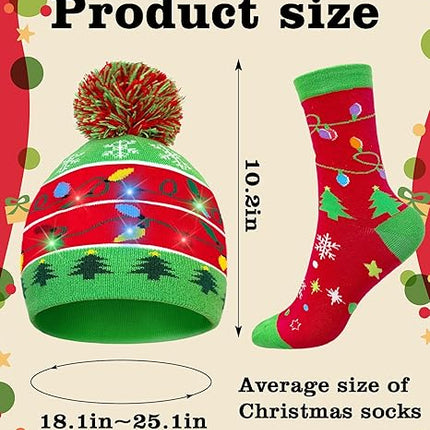 Christmas Light Up Beanie & Xmas Socks – Holiday Gift Set for All Ages