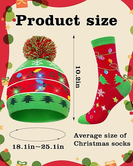 Christmas Light Up Beanie & Xmas Socks – Holiday Gift Set for All Ages
