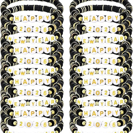 24-Piece Happy New Year 2026 Bracelets – Clay Beaded Stretch Gift Set