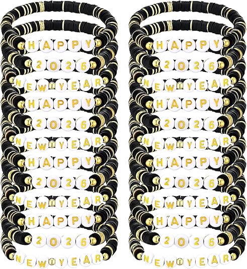 24-Piece Happy New Year 2026 Bracelets – Clay Beaded Stretch Gift Set