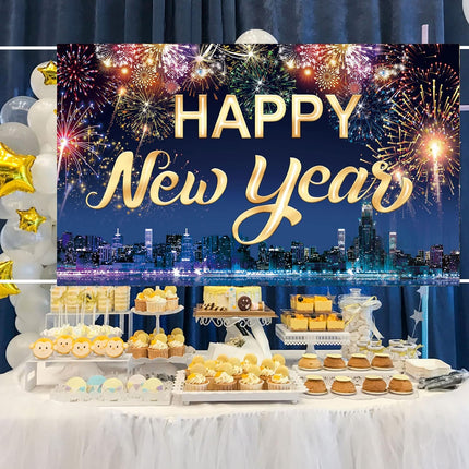 Happy New Year Fabric Banner Backdrop with Fireworks Photo Booth Decor