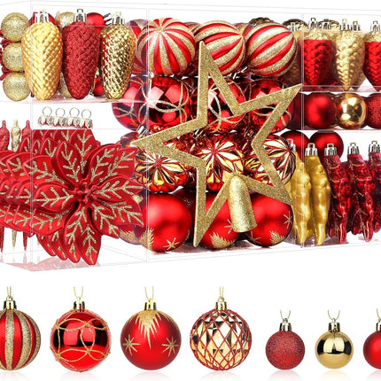106PCS Colorful Shatterproof Christmas Ball Ornaments Set with Hooks, Red & Gold