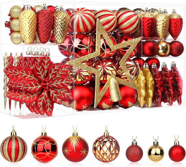 106PCS Colorful Shatterproof Christmas Ball Ornaments Set with Hooks, Red & Gold