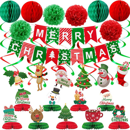 Merry Christmas Paper Fan Flower Banner Set – Swirls & Streamers with Christmas Tree