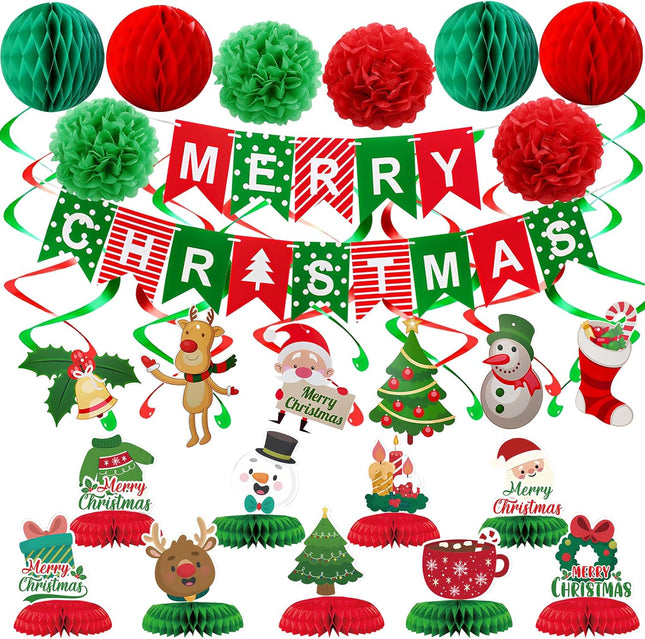Merry Christmas Paper Fan Flower Banner Set – Swirls & Streamers with Christmas Tree