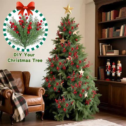 4 Bundles Christmas Flower Picks – Faux Pine & Red Berry Stems for DIY Decor