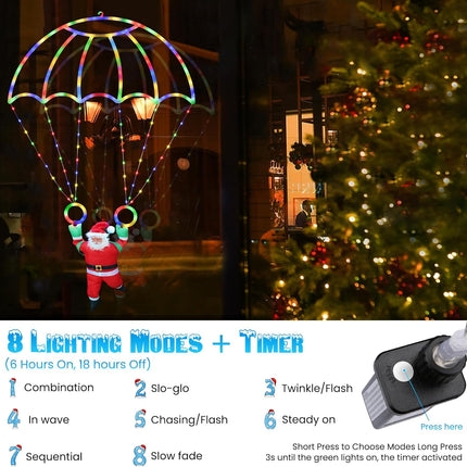 Waterproof 2.8FT Parachute Christmas Lights with Santa Claus, 8 Modes