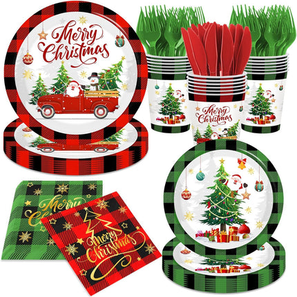 Christmas Paper Plates and Napkins, Buffalo Plaid Red & Green with Xmas Tree Design
