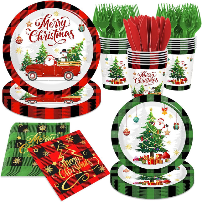 Christmas Paper Plates and Napkins, Buffalo Plaid Red & Green with Xmas Tree Design
