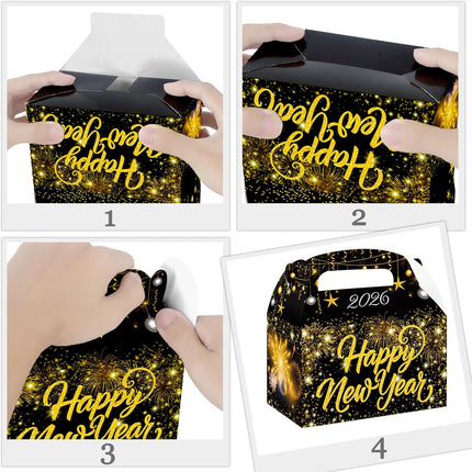 12-Piece 2026 New Year Party Bags – Black & Gold Gable Treat Boxes