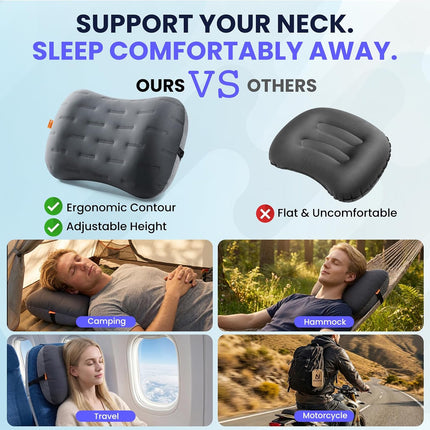 Ultralight Inflatable Camping Pillow, Ergonomic Travel Pillow with Washable Cover, Grey