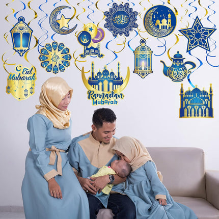 30-Piece Eid Ramadan Mubarak Decoration Set - Hanging Swirls, Stars, Moon & Lanterns