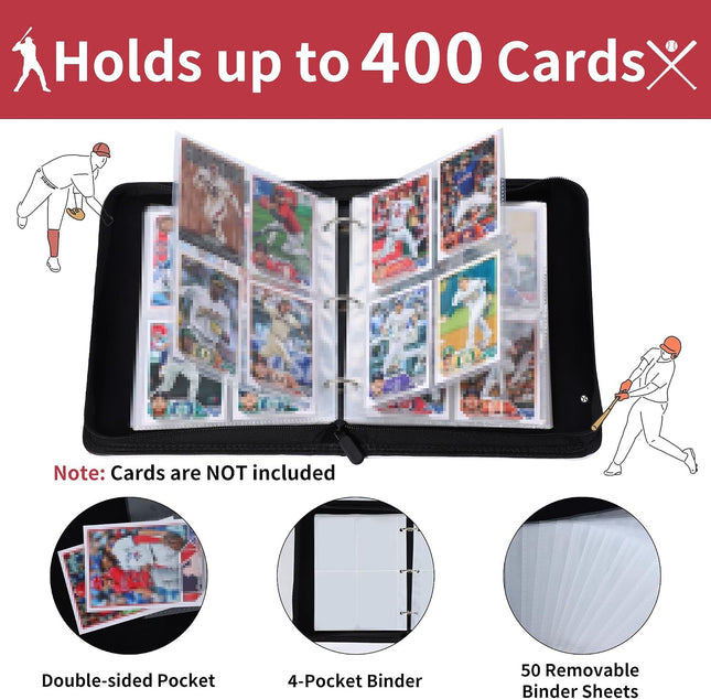 Baseball Card Binder Holds 400 Cards, 4 Pocket Album with Zipper and PU Leather Cover