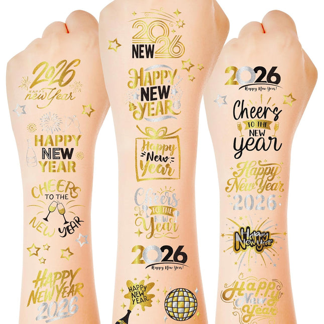 12-Pc Glitter NYE Tattoos – 135 Styles Black, Gold & Silver Party Supplies