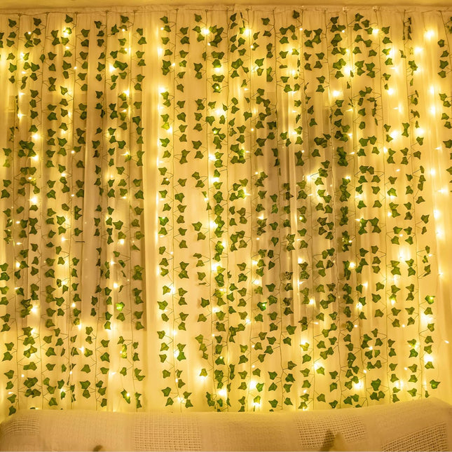 Green Ivy Vines with 80 LED Lights 12-Pack Artificial Garland for Home Wedding Décor