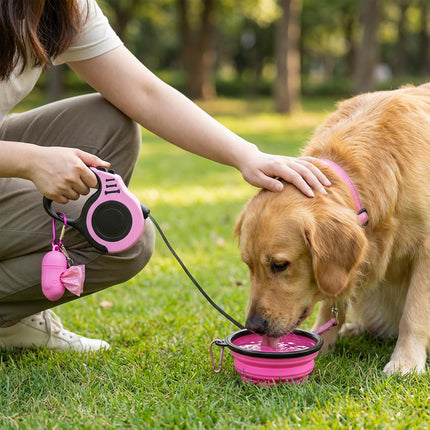 Retractable Dog Leash 16FT with Bowl, Waste Bags, for Small/Medium Dogs (Pink)