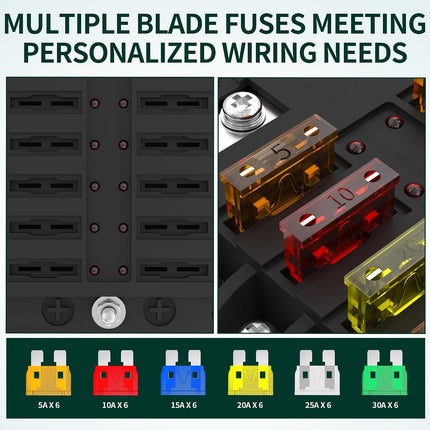 12-Way 12V/24V ATO/ATC Blade Fuse Block, LED Indicator Marine Fuse Panel