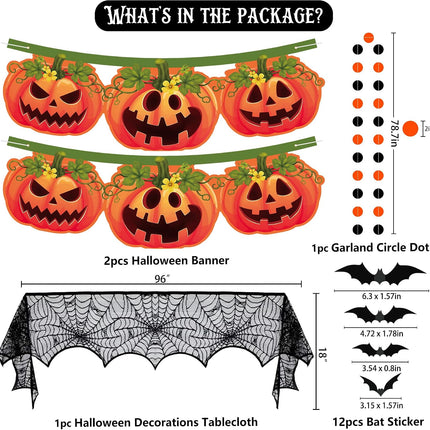 Halloween Pumpkin Banner Set, Spider Web Mantel Scarf, 16 Bat Decals & Garland