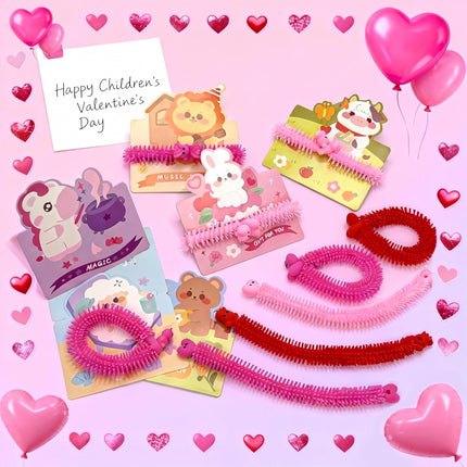 48 PCS Valentine’s Day Fidget Toys: 24 Stretchy Strings + 24 Cards for Kids