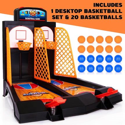 Mini Tabletop Basketball Game with 20 Mini Balls, Dual Lanes and Score Tracker for Kids