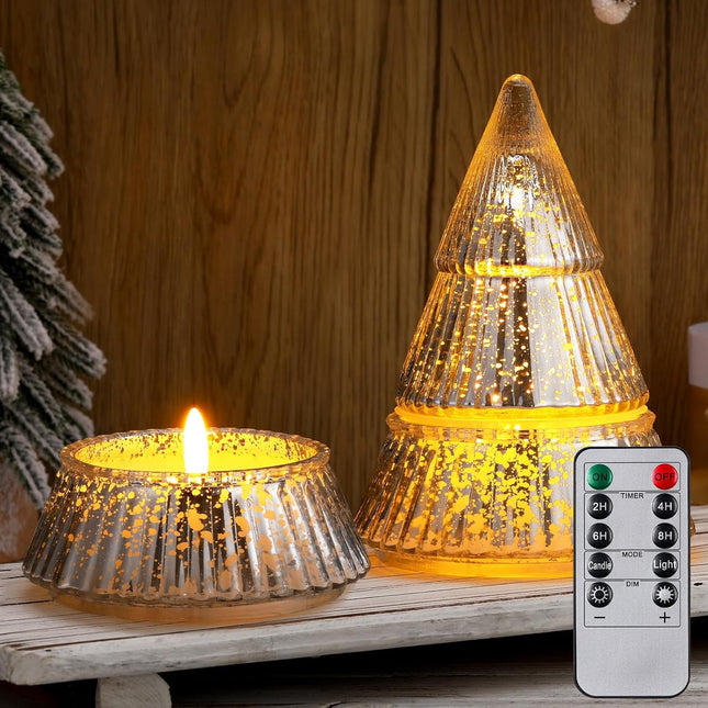 Christmas Tree Shape LED Candle Mercury Glass Lights Table Centerpiece