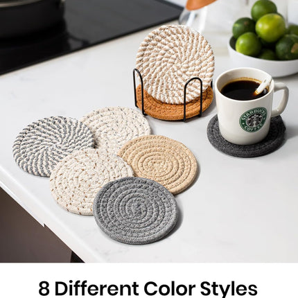8PCS Drink Coasters Set with Holder Absorbent Woven Cotton Coasters