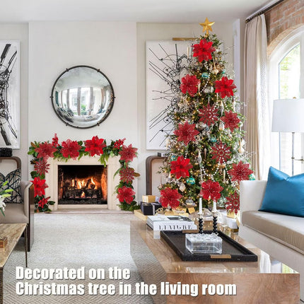 60 Pcs Christmas Poinsettia Flowers & Berry Picks – Glittery Artificial Decor in 3 Styles