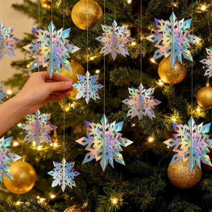18-Piece Christmas Hanging Snowflakes: 3D Holographic Paper Snowflake Decorations